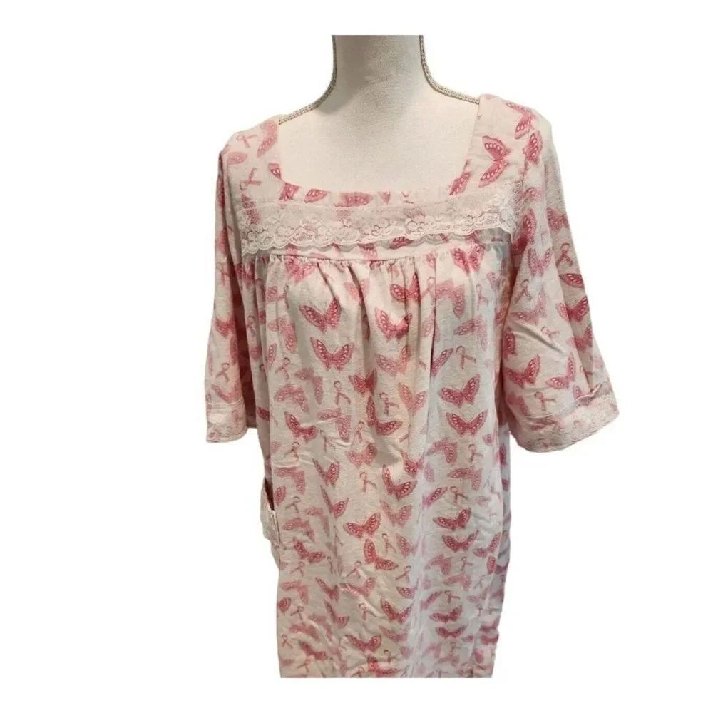 Vintage 80s Long Pink White Nightgown Flannel Butterflies Ribbons Modest M